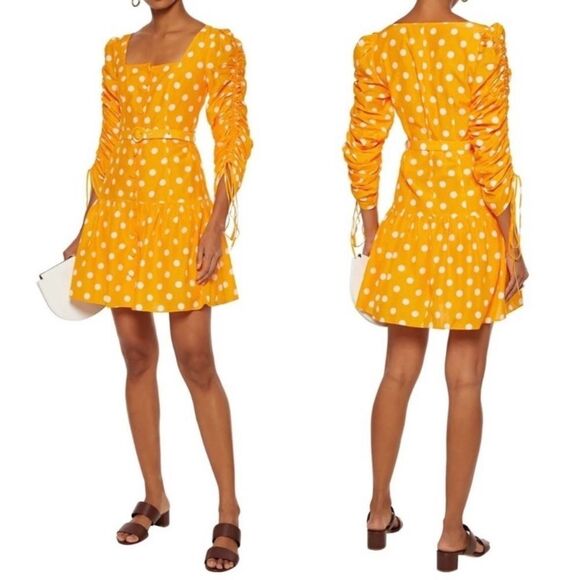 Revolve Nicholas Ruched Sleeve Button Front Dress Yellow Polka Dot No Belt 10 - Picture 3 of 16